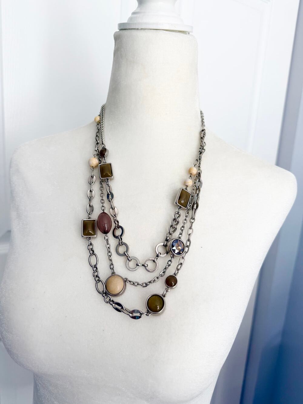 Ann Taylor LOFT Multi-Strand Silver Tone Statement Necklace Brown Beige Green